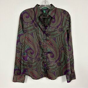 LAUREN RALPH LAUREN 🔮 Paisley Button Front Blouse - Size Petite L